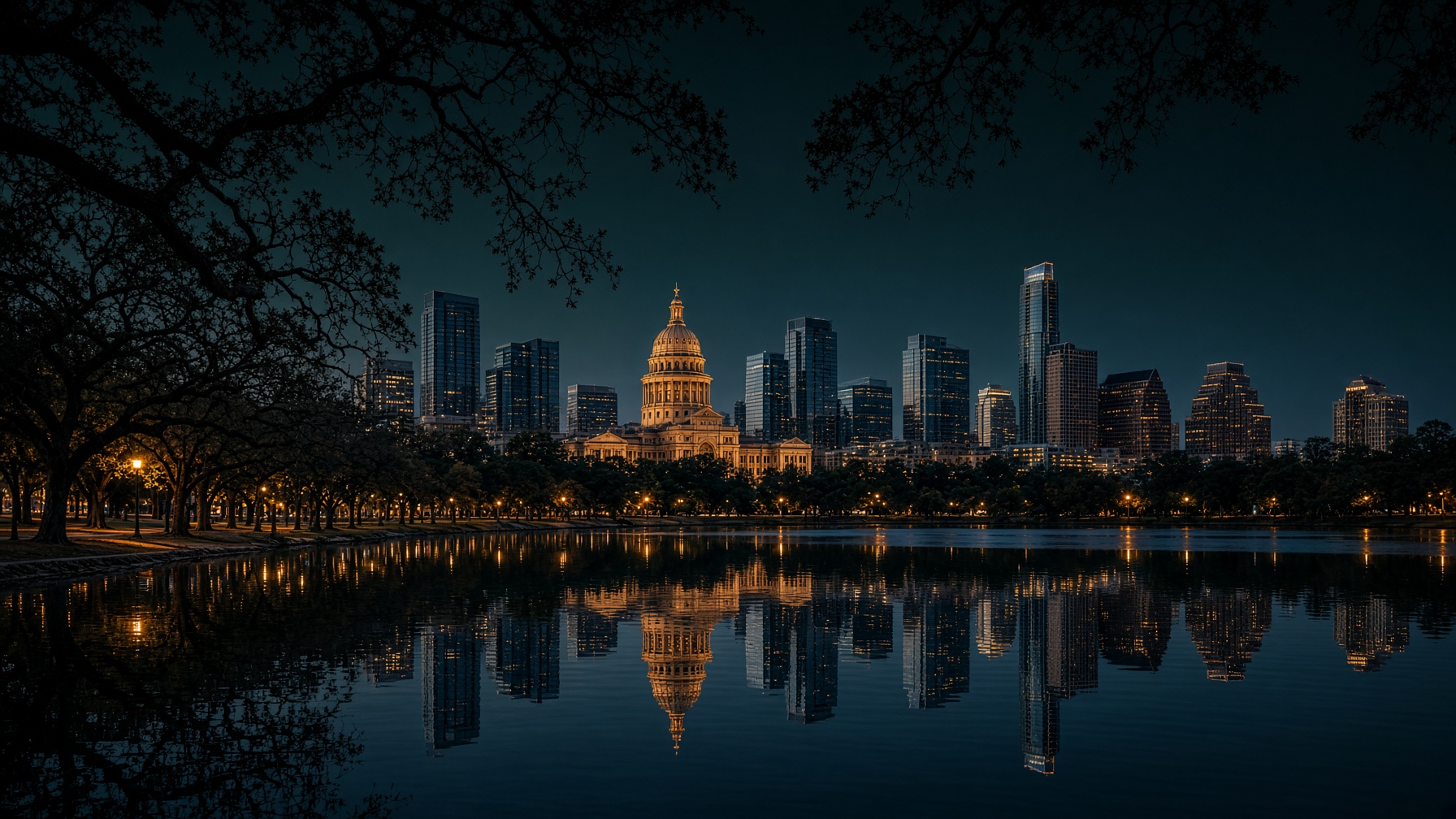 Downtown Austin at dusk, reflected in Lady Bird Lake